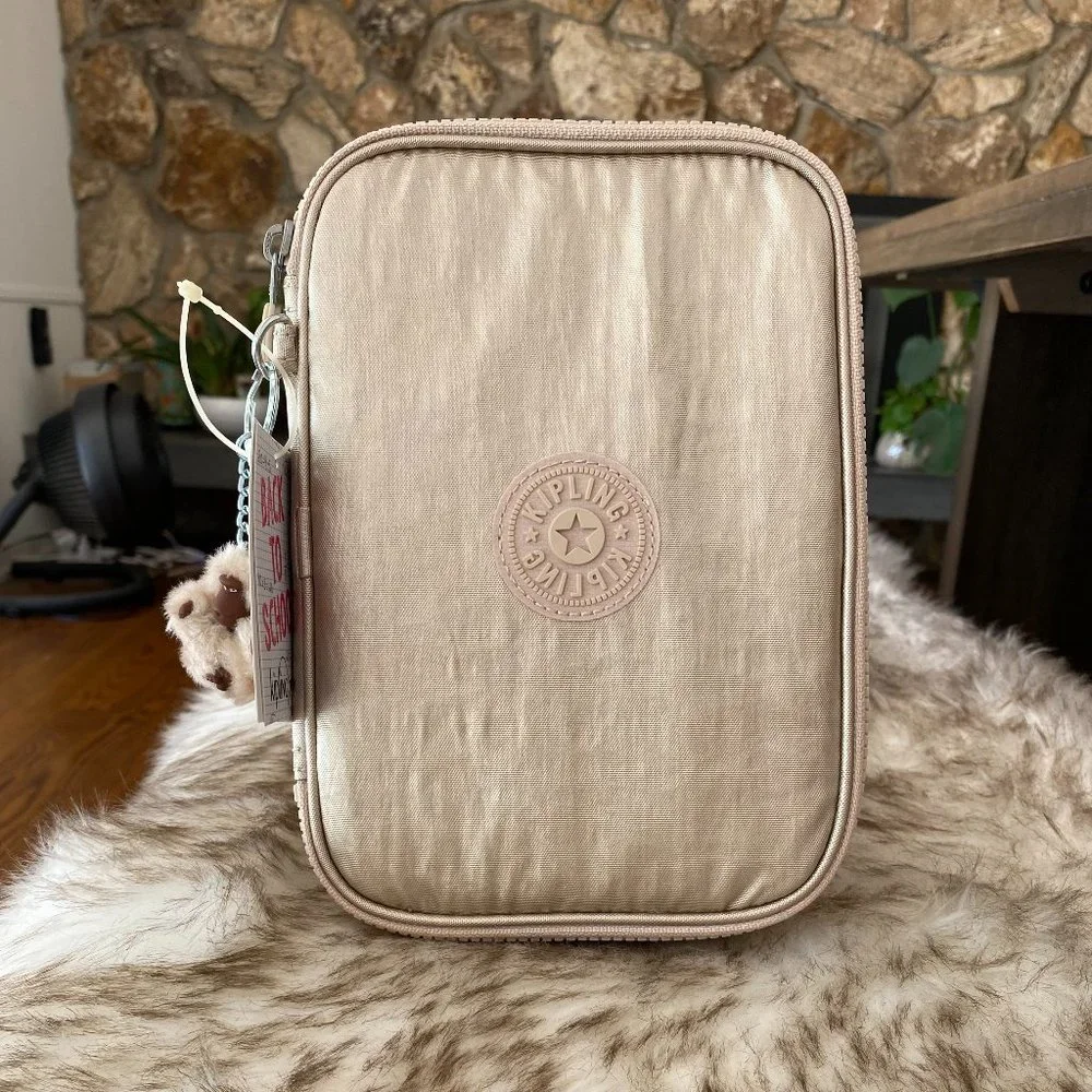 NWT Kipling 100 Pens Printed Case Bag Pouch Sparkly Gold